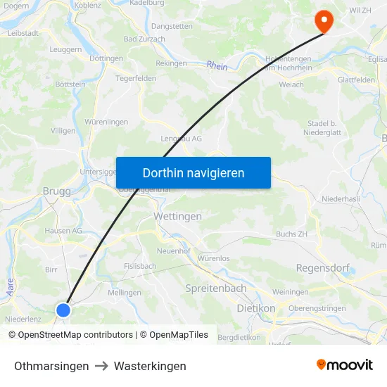 Othmarsingen to Wasterkingen map