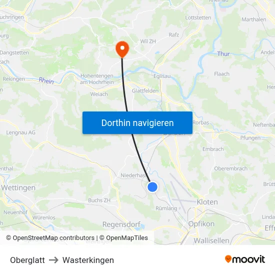 Oberglatt to Wasterkingen map