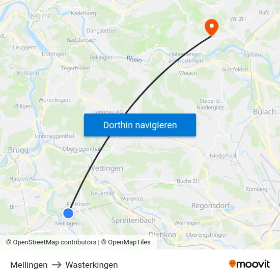 Mellingen to Wasterkingen map