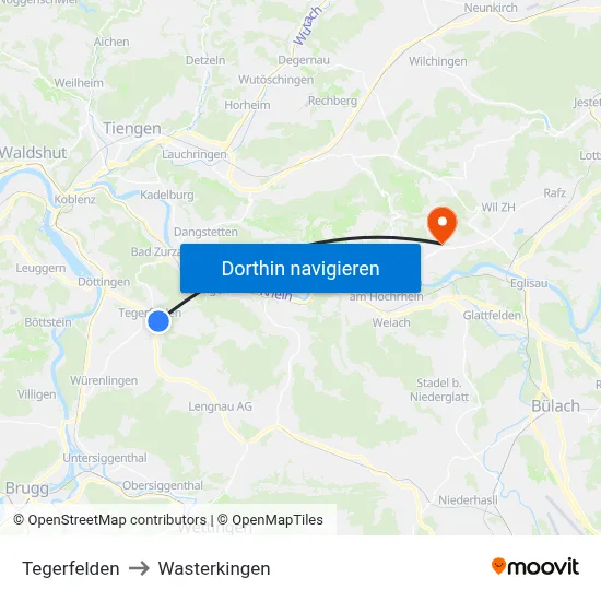 Tegerfelden to Wasterkingen map