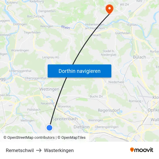 Remetschwil to Wasterkingen map