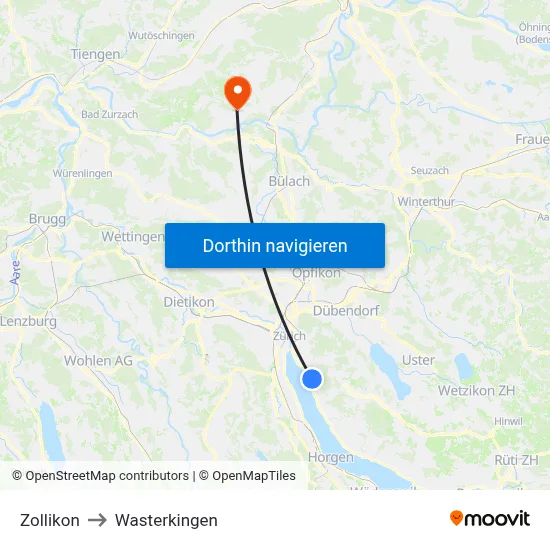 Zollikon to Wasterkingen map