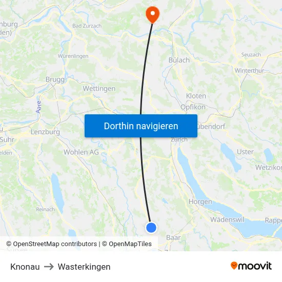 Knonau to Wasterkingen map