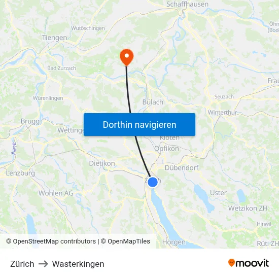 Zürich to Wasterkingen map