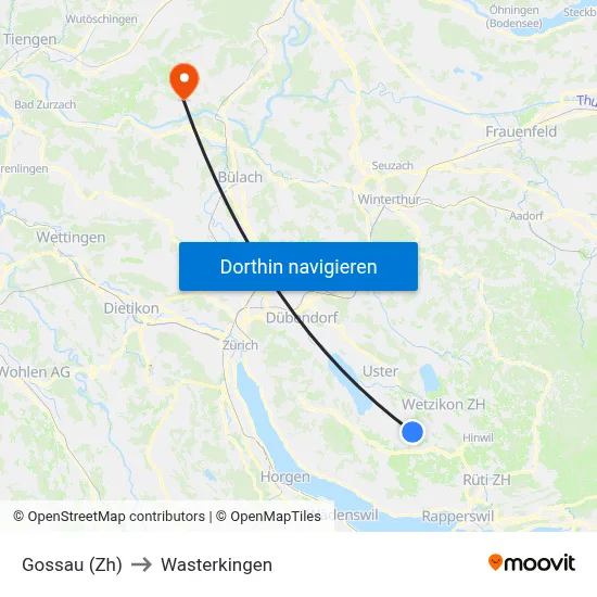 Gossau (Zh) to Wasterkingen map