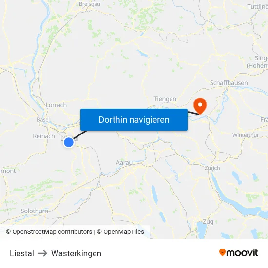 Liestal to Wasterkingen map