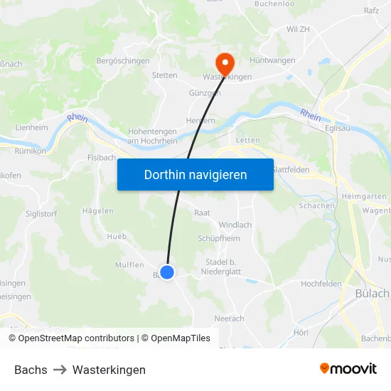 Bachs to Wasterkingen map