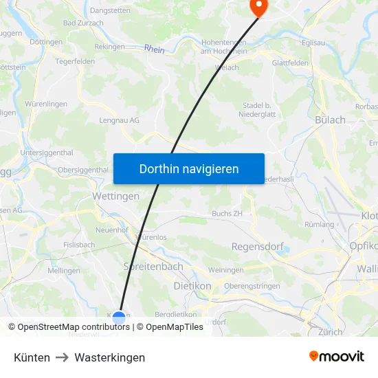 Künten to Wasterkingen map