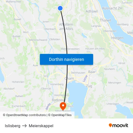 Islisberg to Meierskappel map