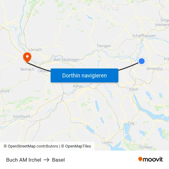 Buch AM Irchel to Basel map