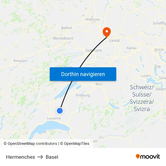 Hermenches to Basel map