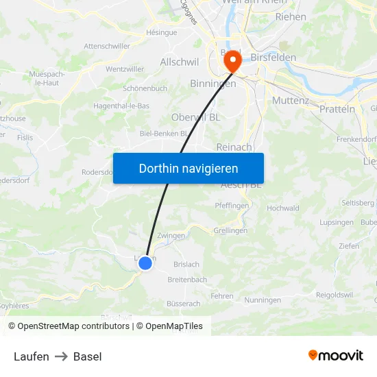 Laufen to Basel map