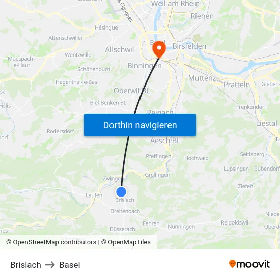Brislach to Basel map