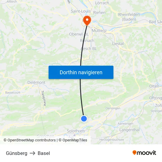 Günsberg to Basel map