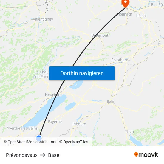 Prévondavaux to Basel map
