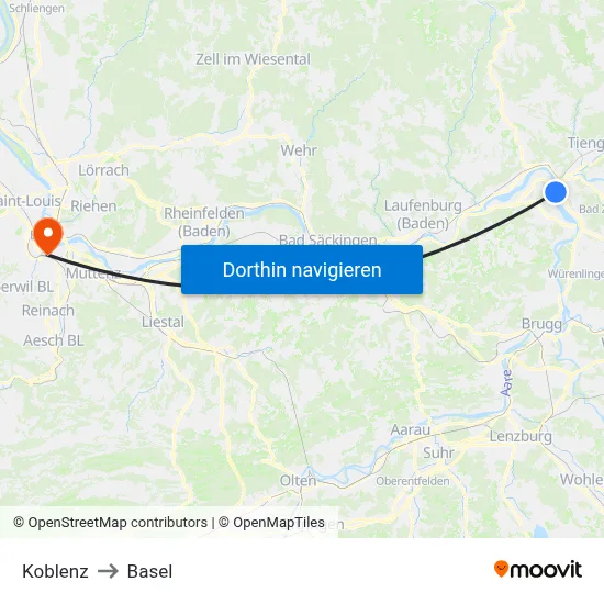 Koblenz to Basel map