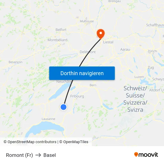 Romont (Fr) to Basel map