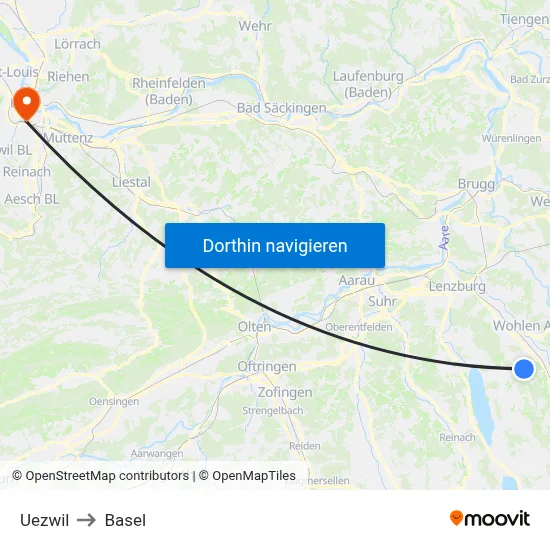 Uezwil to Basel map
