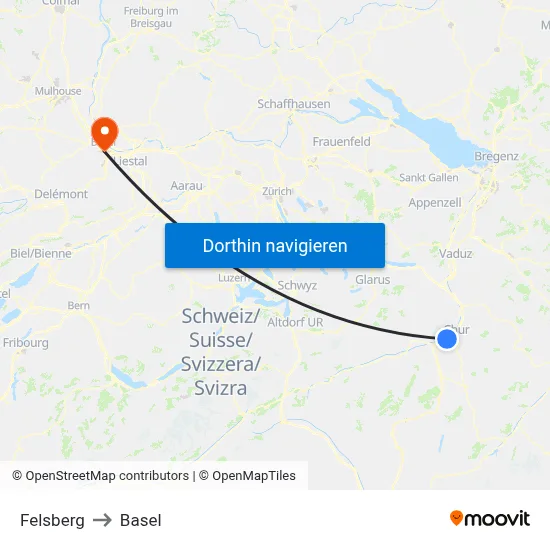 Felsberg to Basel map