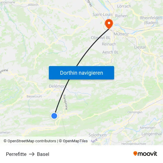 Perrefitte to Basel map