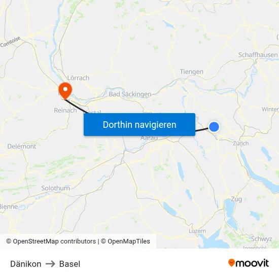 Dänikon to Basel map