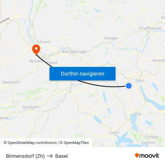 Birmensdorf (Zh) to Basel map