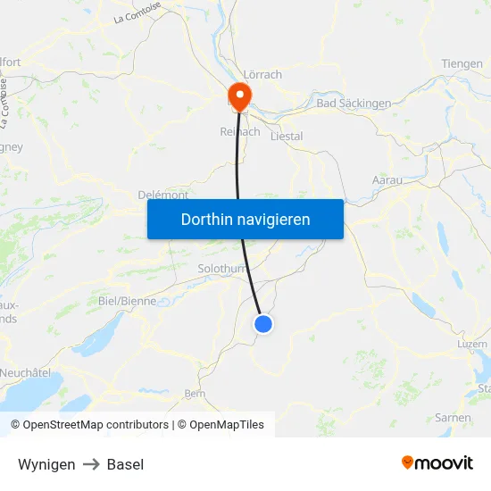 Wynigen to Basel map