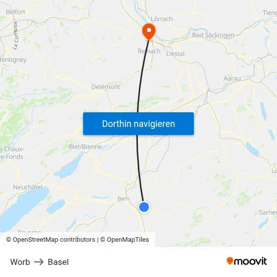 Worb to Basel map