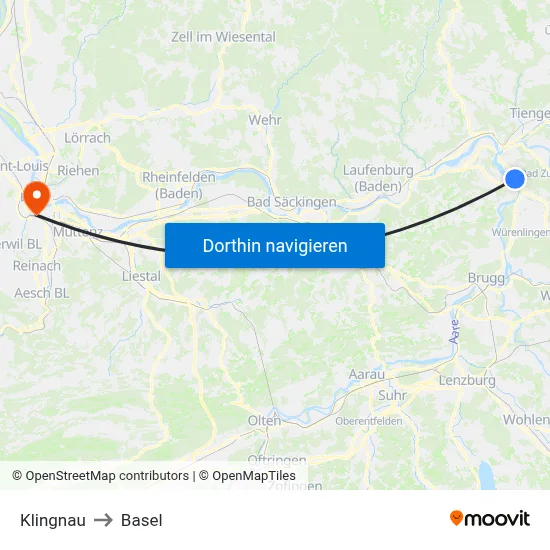 Klingnau to Basel map