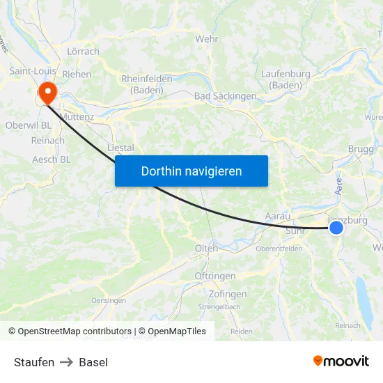 Staufen to Basel map