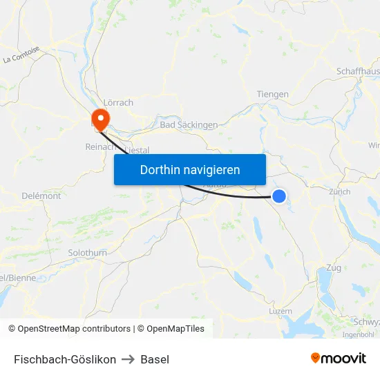 Fischbach-Göslikon to Basel map