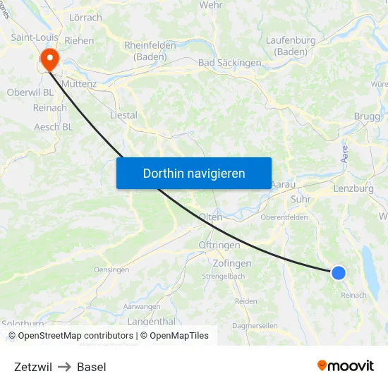 Zetzwil to Basel map