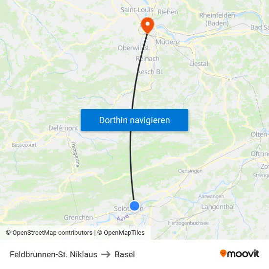 Feldbrunnen-St. Niklaus to Basel map