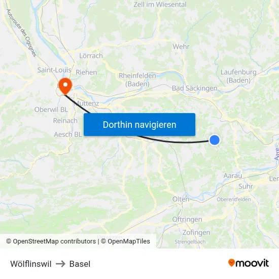 Wölflinswil to Basel map