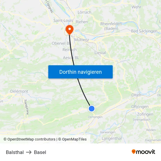 Balsthal to Basel map