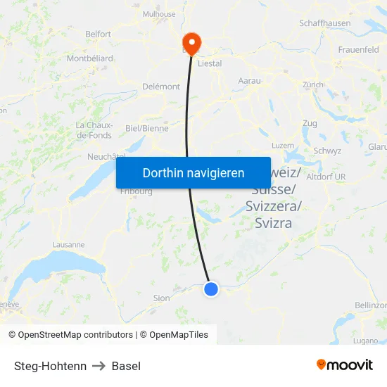 Steg-Hohtenn to Basel map