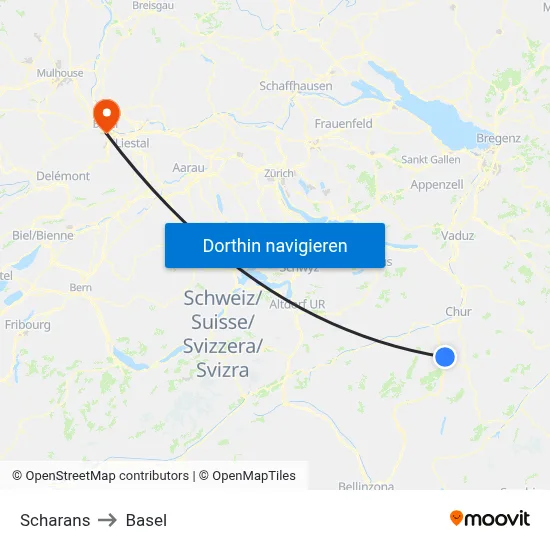 Scharans to Basel map