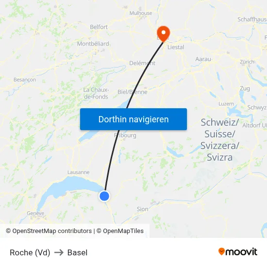 Roche (Vd) to Basel map
