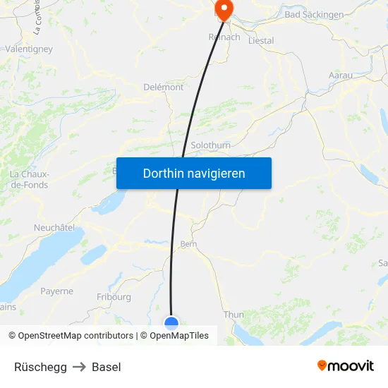 Rüschegg to Basel map