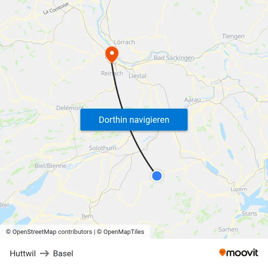 Huttwil to Basel map