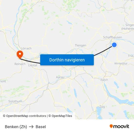 Benken (Zh) to Basel map