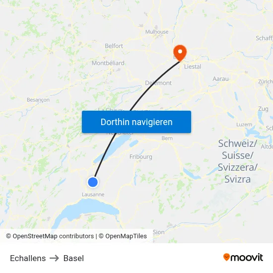 Echallens to Basel map