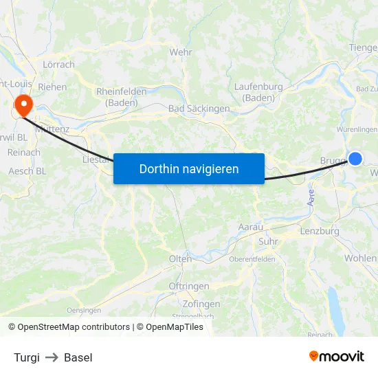 Turgi to Basel map