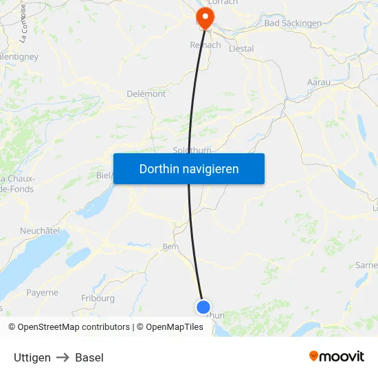 Uttigen to Basel map
