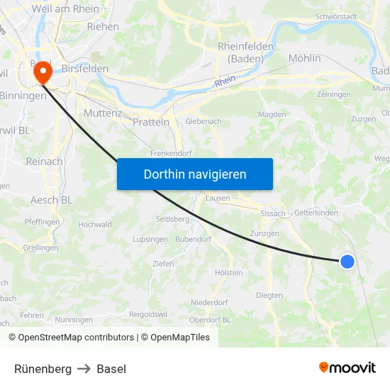 Rünenberg to Basel map