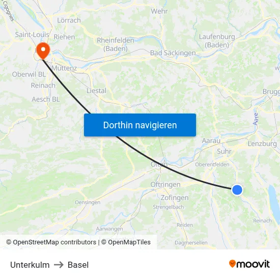 Unterkulm to Basel map