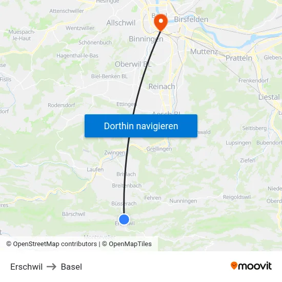 Erschwil to Basel map