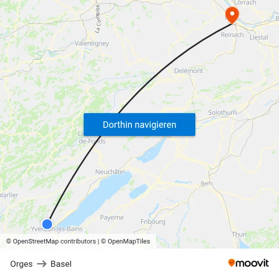 Orges to Basel map