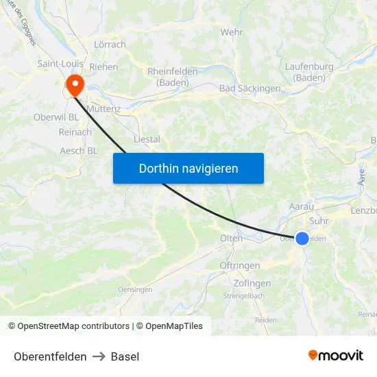 Oberentfelden to Basel map