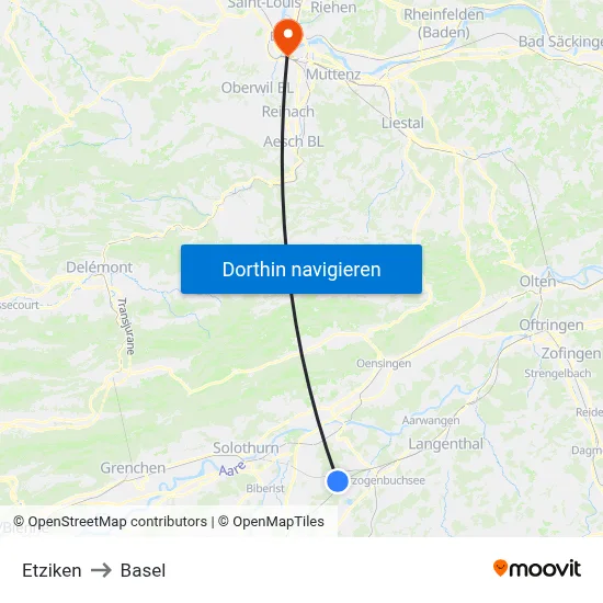 Etziken to Basel map